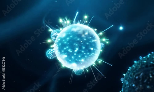 Skin Cell and Immune Cell Interaction Animation with Glowing Signal Exchange and High-Tech Microscopic Aesthetic