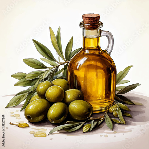 olive oil and olives vector, olive oil and black olives, bottle of oil with olives isolated on white background, Natural Fresh isolated foods	