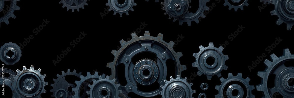 Detailed Arrangement of Metallic Gears on a Dark Background Showcasing Intricate Mechanical Design and Engineering Elements for Industrial or Technology Applications Detailed Arrangement of Metallic Gears on a Dark Background Showcasing Intricate Mechanical Design and Engineering Elements for Industrial or Technology Applications