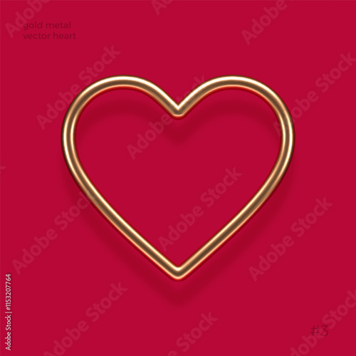 Realistic 3d gold metal heart with reflection from red background. Decoration elements for Valentines day or wedding design. Love sign and symbol. Vector illustration. Medium thickness outline heart.