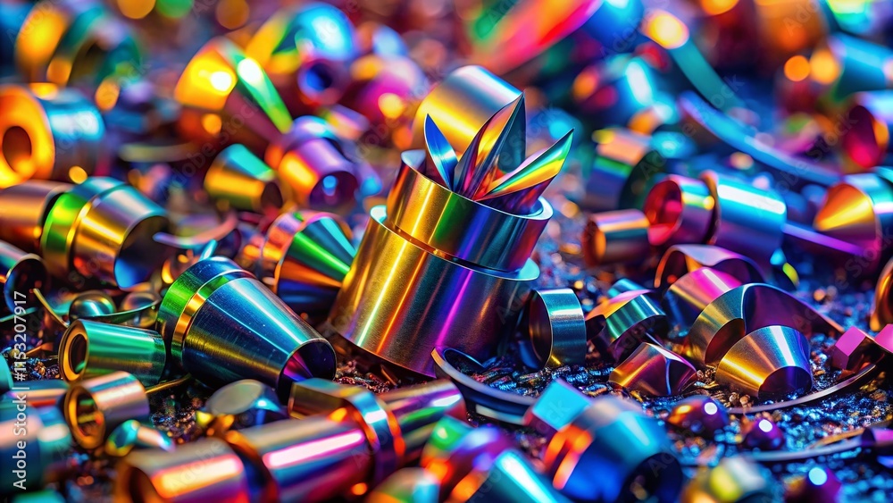 Obraz premium Macro Shot: Metal Shavings & Generative AI Algorithm Visualization in a Machining Facility