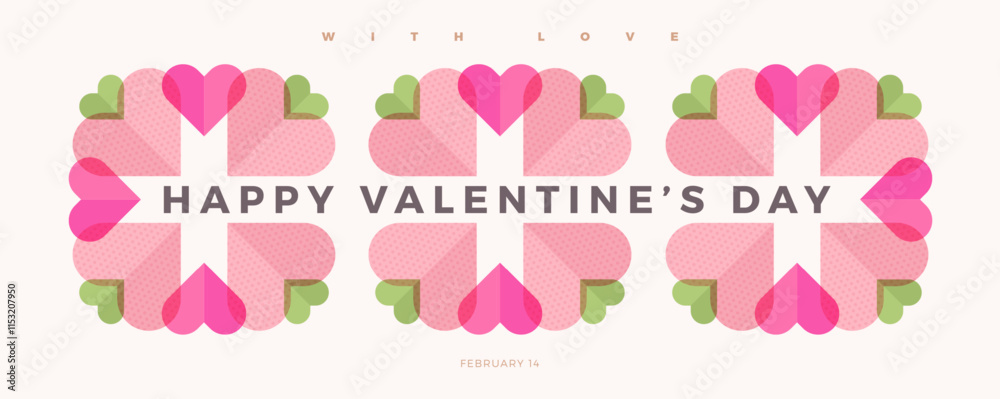Modern concept of Happy Valentines Day greeting card. Abstract art design with hearts and typography. Template for invitation, cover, banner, poster, celebration, flyer. Vector illustration. Modern concept of Happy Valentines Day greeting card. Abstract art design with hearts and typography. Template for invitation, cover, banner, poster, celebration, flyer. Vector illustration.