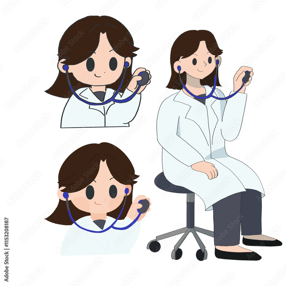 Set of illustrations of a female doctor sitting with a stethoscope and examining a patient Set of illustrations of a female doctor sitting with a stethoscope and examining a patient