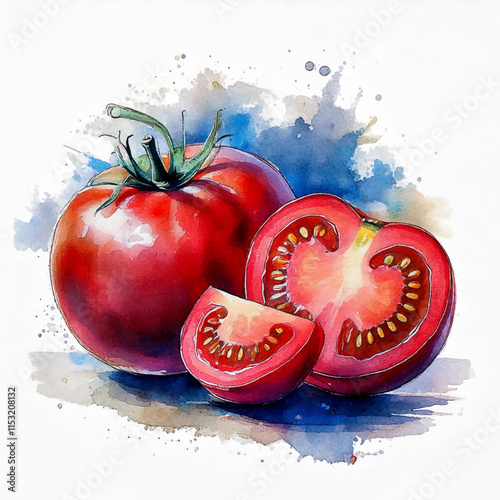 fresh tomatoes vector, Watercolor Tomato drawing on white background, Natural Fresh tomato isolated, fresh fruits art painting