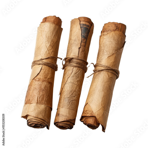 Ancient scrolls wrapped in aged paper with twine arranged on a neutral background