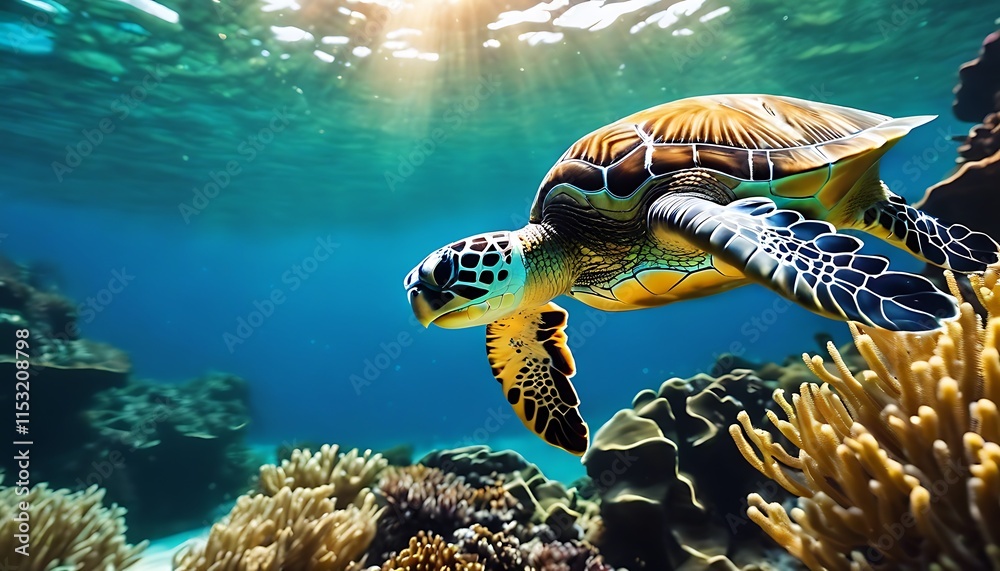 Fototapeta premium Ocean Glide: The Graceful Dance of the Sea Turtle