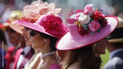 Elegant Women in Pink Hats at a Festive Event