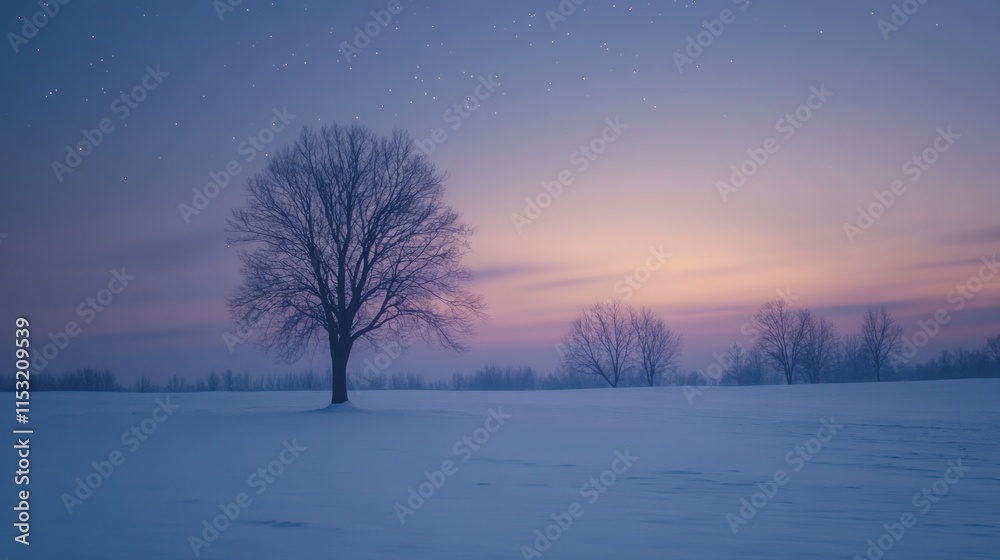 A serene winter landscape featuring a solitary tree against a twilight sky filled with stars. A serene winter landscape featuring a solitary tree against a twilight sky filled with stars.