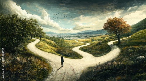 A person is walking down a road with two different paths ahead of them
