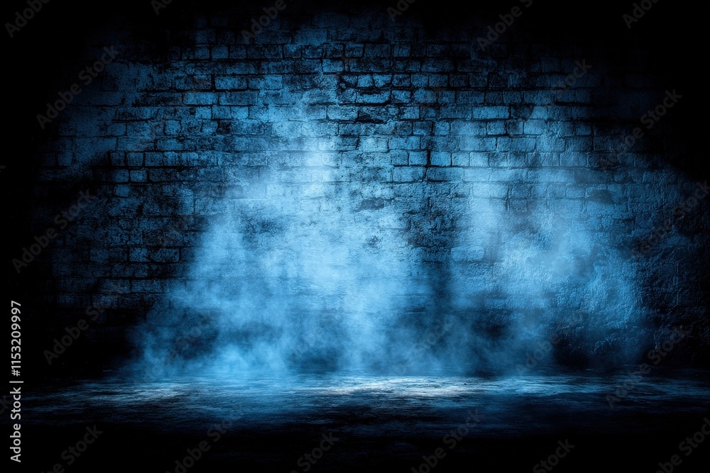 Naklejka premium Mysterious dark blue backdrop with fog effects, creating an atmospheric scene perfect for dramatic presentations or artistic displays.