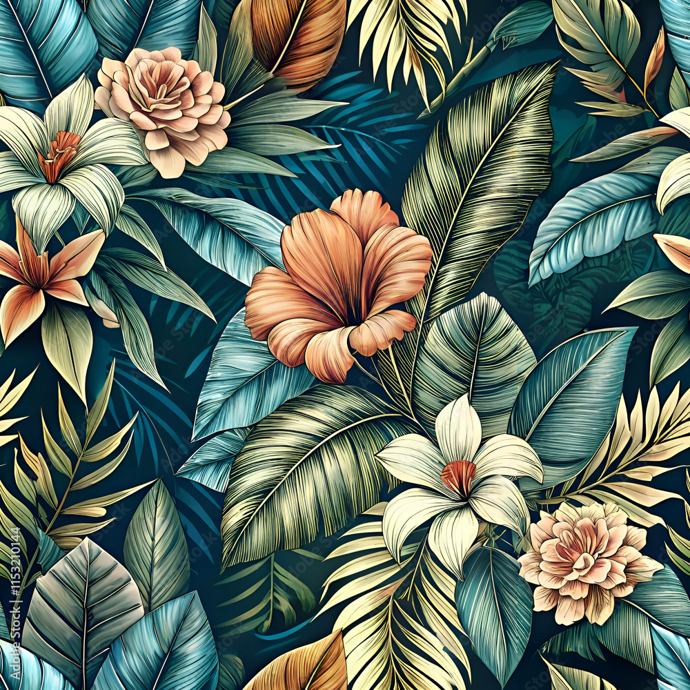 custom made wallpaper toronto digitalTropical Floral Pattern. Lush Green Leaves and Exotic Flowers