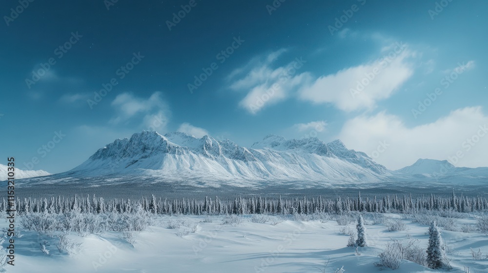 A serene winter landscape featuring snow-covered mountains and frosted trees under a blue sky. A serene winter landscape featuring snow-covered mountains and frosted trees under a blue sky.