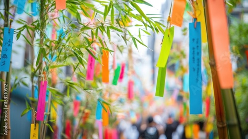 Colorful Paper Strips Hanging on Bamboo in a Japanese Street