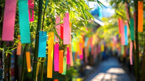 Colorful Paper Lanterns Hanging on Bamboo Branches
