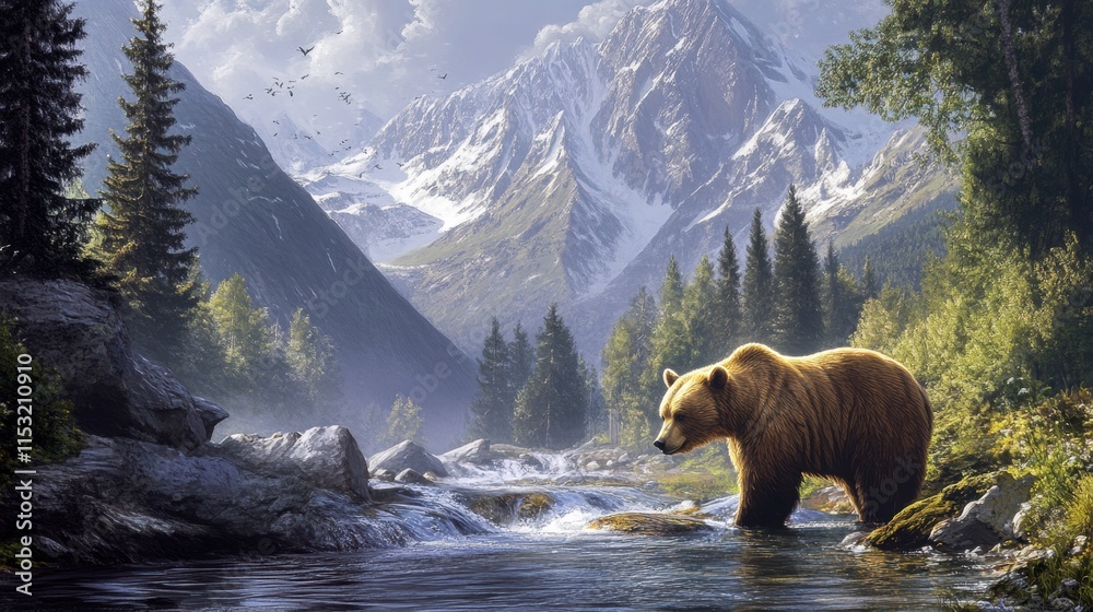 A bear catching a fish in a sparkling mountain stream, painterly style A bear catching a fish in a sparkling mountain stream, painterly style