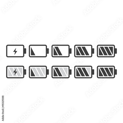 Battery illustration set, flat symbols of batteries