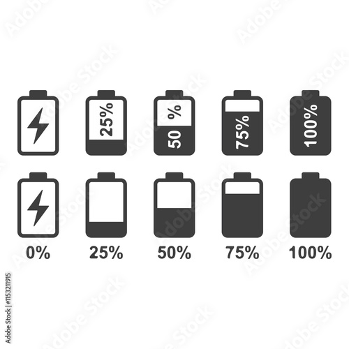 Battery illustration set, flat symbols of batteries