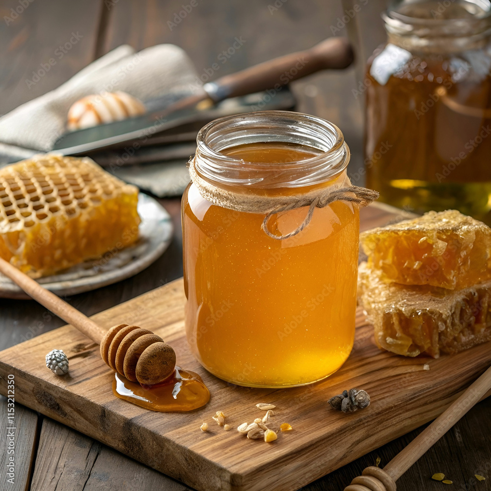 full jar with beautiful golden honey extracted full jar with beautiful golden honey extracted