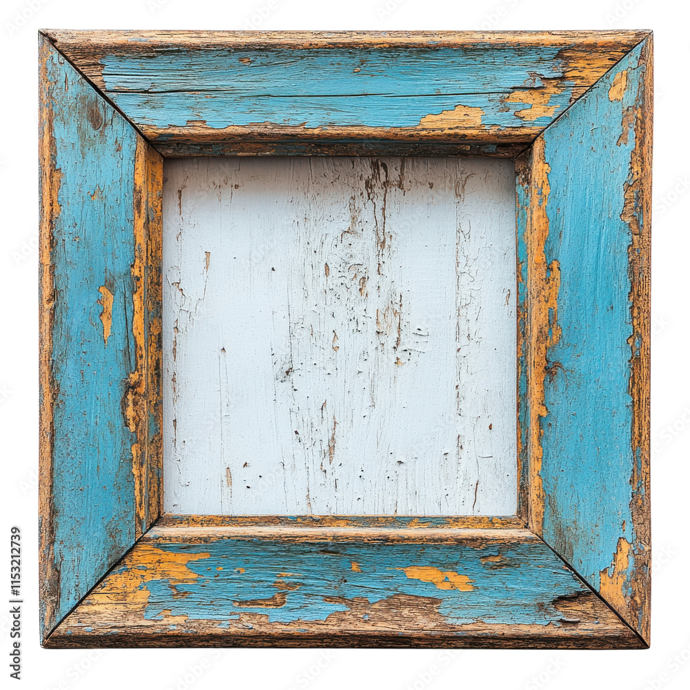 Naklejka premium Decorative wooden frame with peeling paint showcasing vibrant blue and worn texture