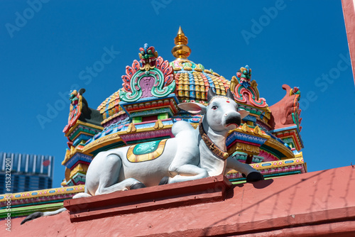 Cow Decoration On A Hindu Temple In The Chinatown District In Singapore