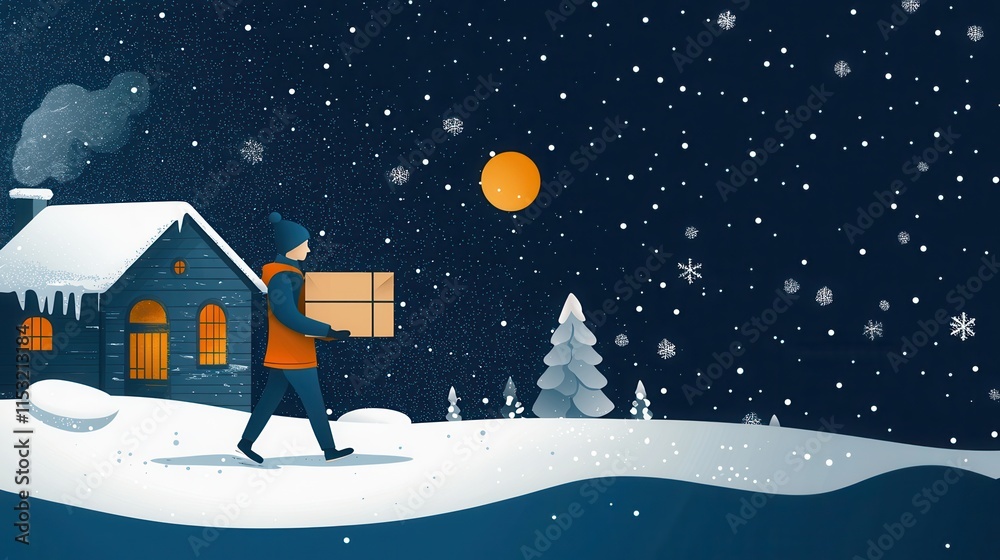 Courier delivering a package through a snowy winter landscape outdoor scene illustration nighttime serene atmosphere Courier delivering a package through a snowy winter landscape outdoor scene illustration nighttime serene atmosphere