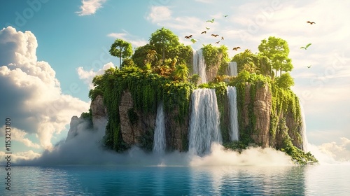 Suspended Rocky Island with Dense Trees, Waterfall Cascading into Ocean, Fantasy Scene, Serene Light photo