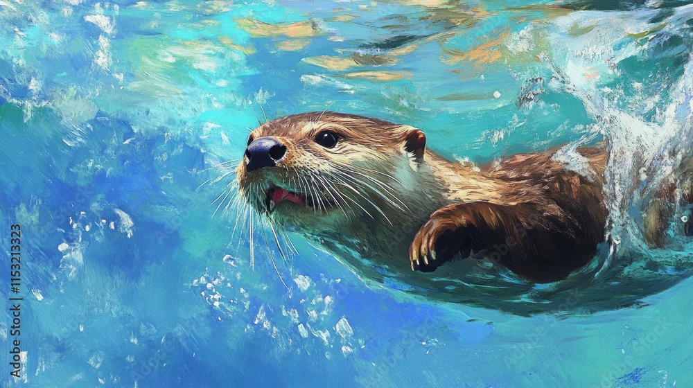 Fototapeta premium A playful otter swimming in a clear blue river, impressionistic art style