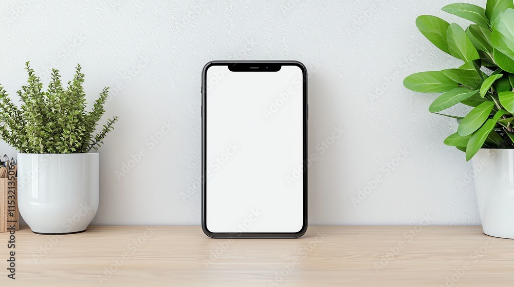 A smartphone with a blank white screen, resting on a clean wooden desk with a minimalist workspace background A smartphone with a blank white screen, resting on a clean wooden desk with a minimalist workspace background
