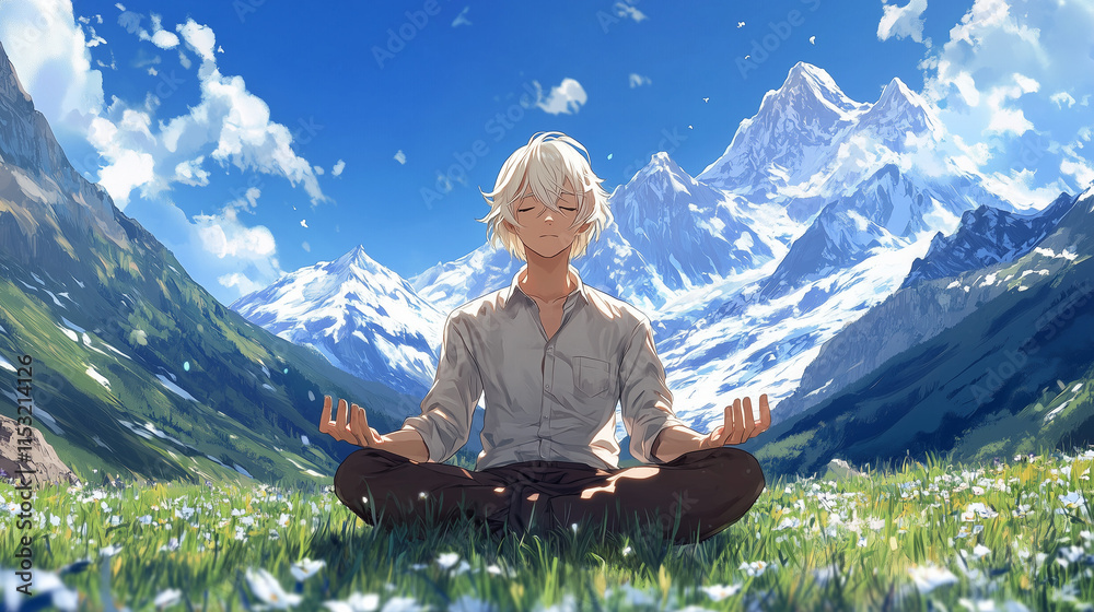 Fototapeta premium A blond anime style guy meditates in the mountains.