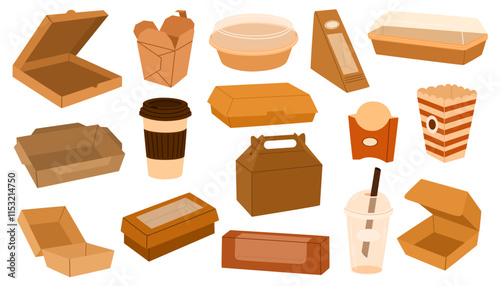 Cardboard food boxes set. Takeaway containers. Paper and plastic takeaway containers set. Empty snack packaging. Carton disposable, recyclable packs. Vector illustrations isolated on white background