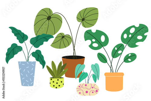 Potted house plants composition. Home and office interior houseplants. Modern green leaf, succulent, cactus decoration in planters, flowerpots. Flat vector illustration isolated on white background