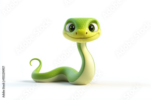 3D rendering of a cute, green snake character in a cartoon style