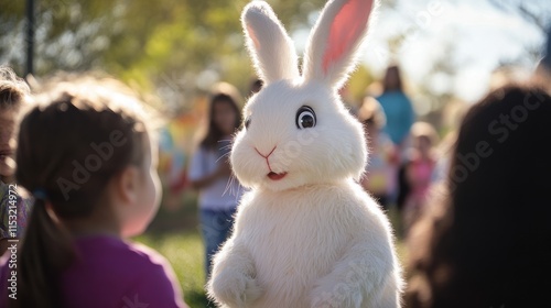 White Bunny Mascot Interacts with Children at an Outdoor Event