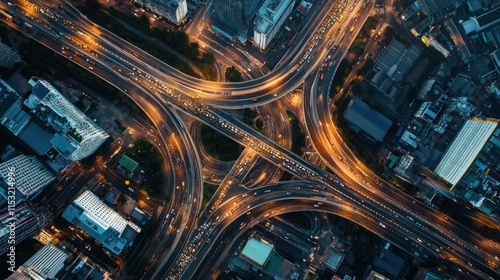 Aerial View of a Complex Urban Expressway Network at Night