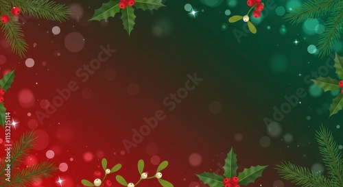 Christmas Holiday Background: A festive Christmas background with a gradient of red and green and decorated with holly, mistletoe, and pine branches. Perfect for holiday greetings, invitations.