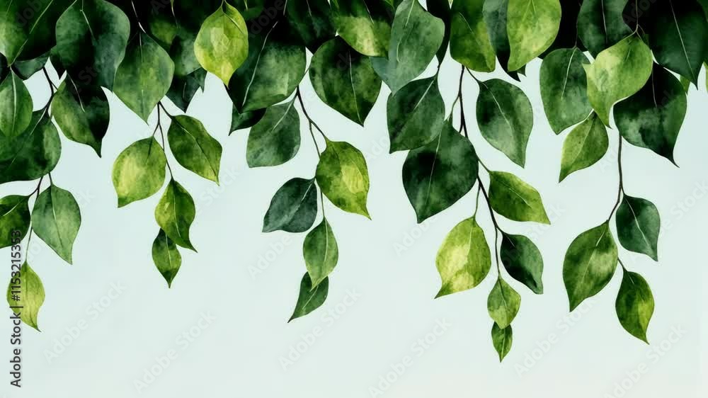 Lush green leaves cascading gently from branches creating a serene natural setting Lush green leaves cascading gently from branches creating a serene natural setting