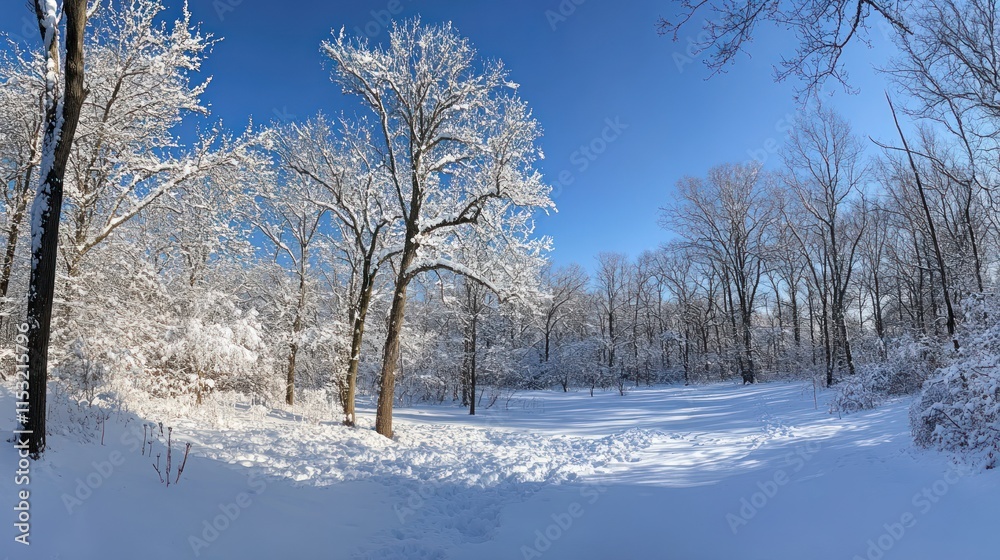 A serene winter landscape with snow-covered trees under a clear blue sky. A serene winter landscape with snow-covered trees under a clear blue sky.