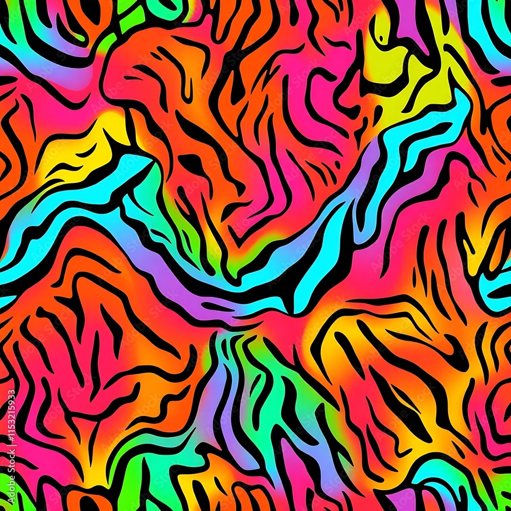 Fototapeta premium Abstract Tiger Stripes: A mesmerizing blend of vivid colors and bold lines creates a vibrant and dynamic pattern, reminiscent of a tiger's stripes. This seamless design is perfect for fashion.