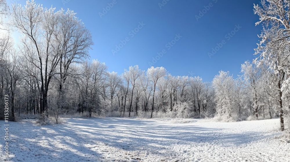 A serene winter landscape with snow-covered trees under a clear blue sky. A serene winter landscape with snow-covered trees under a clear blue sky.