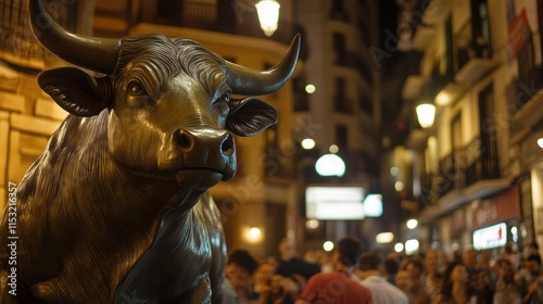 Bronze Bull Statue Under Night Lights