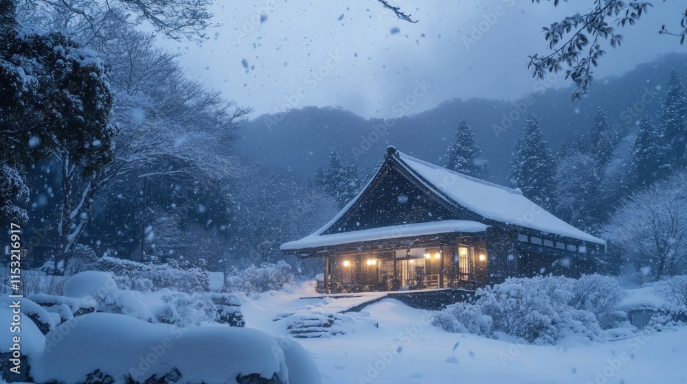 A serene winter scene featuring a traditional wooden house surrounded by snow-covered landscapes. A serene winter scene featuring a traditional wooden house surrounded by snow-covered landscapes.