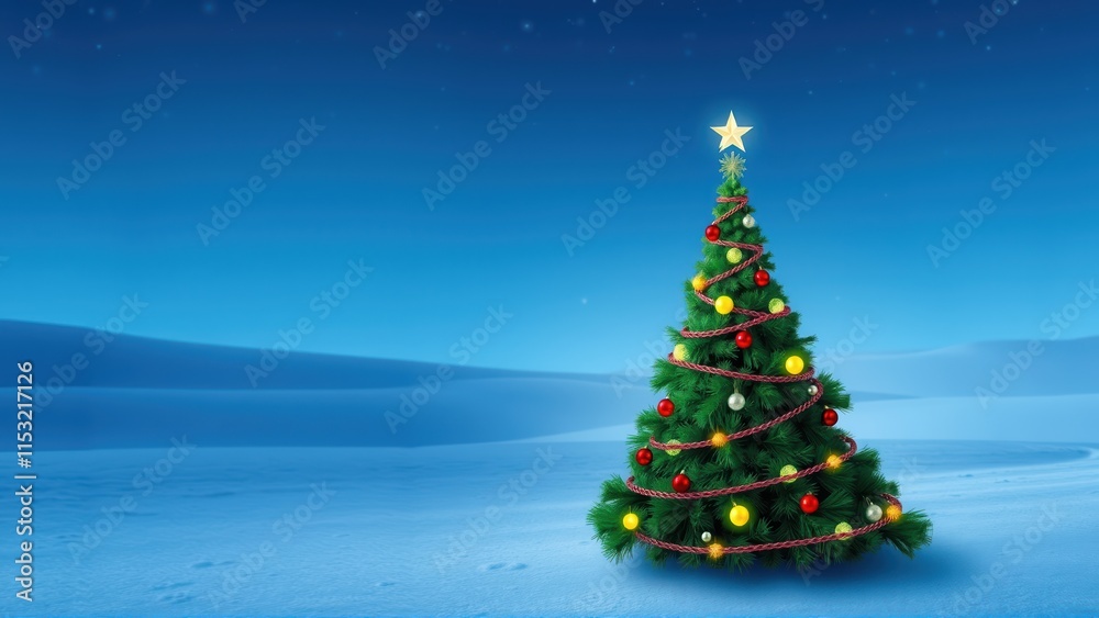 Celebrate the holiday season with a beautifully decorated Christmas tree in a serene snowy landscape Celebrate the holiday season with a beautifully decorated Christmas tree in a serene snowy landscape