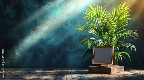 A blank-screen laptop positioned on a clean, wooden desk with a vibrant indoor plant and natural light photo