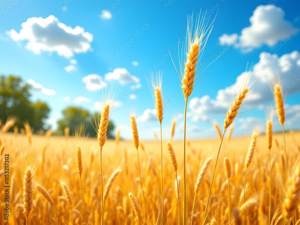 Obraz premium Golden Wheat Field Sunny Day Blue Sky Background