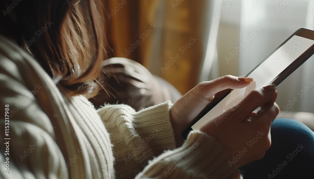 Fototapeta premium Access to documents. Woman using tablet, closeup. Scheme over device