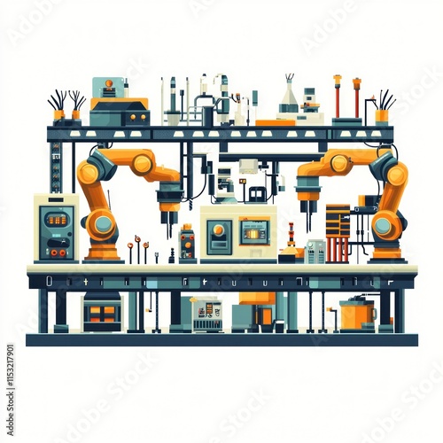 Futuristic Industrial Robot Arm Assembly Line with Advanced Machinery and High-Tech Equipment for Automated Manufacturing Processes