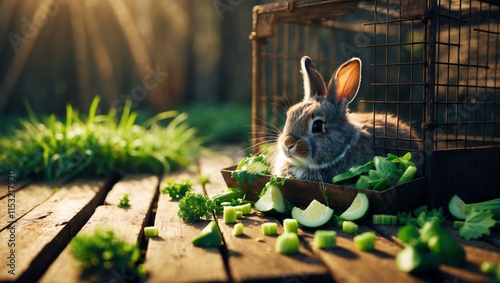 realistic image of a rabbit in nature, while eating vegetables, animal generative ai photo