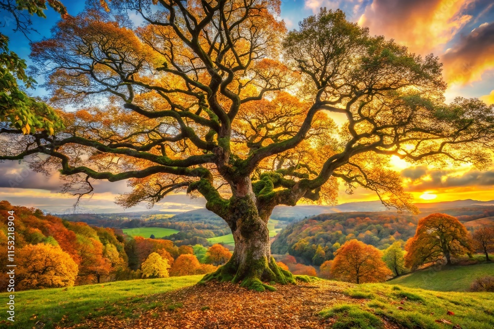 Fototapeta premium Majestic Panoramic View of Ancient English Oak Tree in Autumn