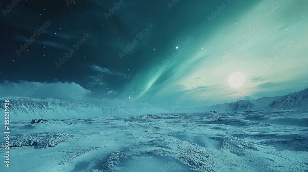 A serene, icy landscape illuminated by a vibrant aurora and a bright celestial body.