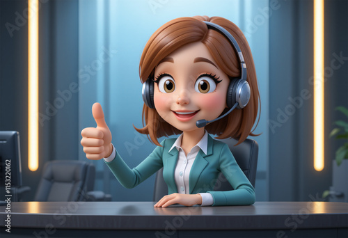 3D Cartoon Customer Service Agent Giving a Thumbs-Up at a Modern Desk